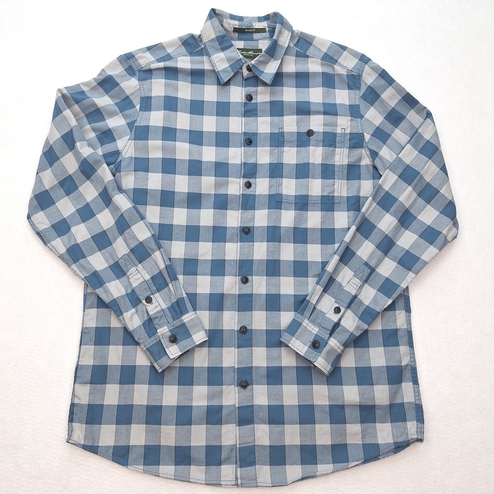 Eddie Bauer Shirt Mens Tall Large Blue Gray Plaid Button Down Relaxed Fit